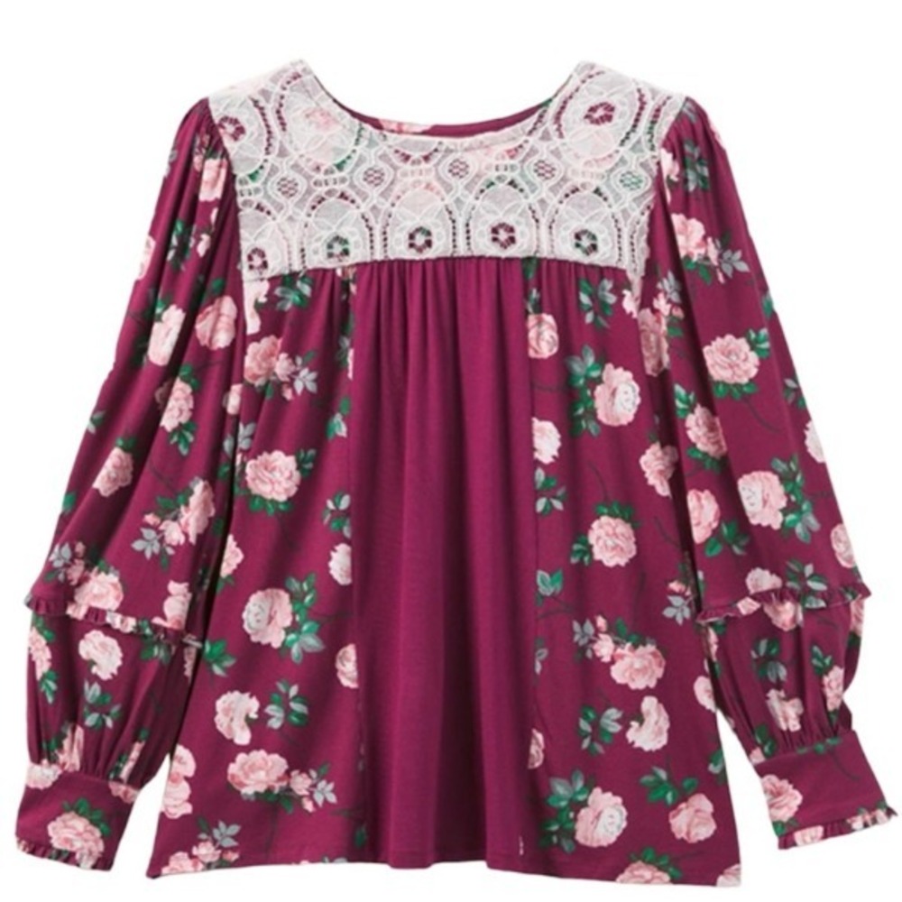 Matilda Jane Womens Rosesbud Blouse Size Medium Pink Lace Floral Holiday Peasant